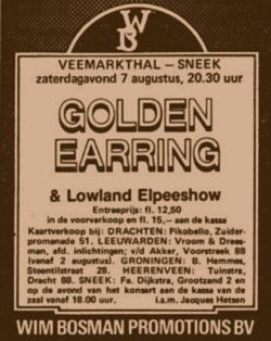 Golden Earring show ad August 07, 1976 Sneek - Veemarkthal